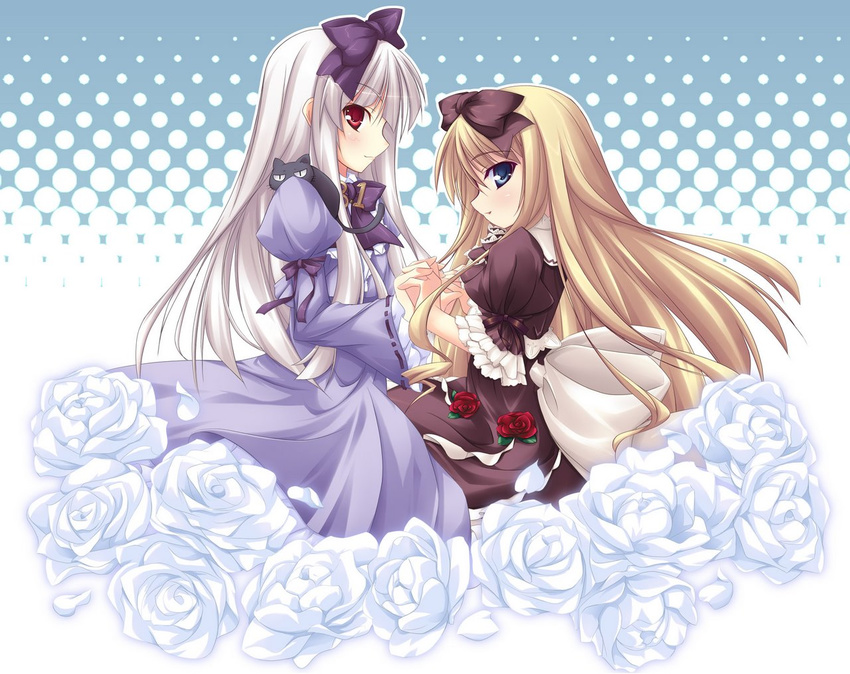 3.1-tan angel_wish blonde_hair blue_eyes bow cat cross crossover dos_cat dress flower frills hair_bow hairband holding_hands interlocked_fingers latin_cross lolita_fashion long_hair long_sleeves look-alike looking_at_viewer multiple_girls neck_ribbon os-tan profile puffy_sleeves red_eyes ribbon rose shimakaze short_sleeves standing suzune_merveillex symmetrical_hand_pose very_long_hair wallpaper white_hair