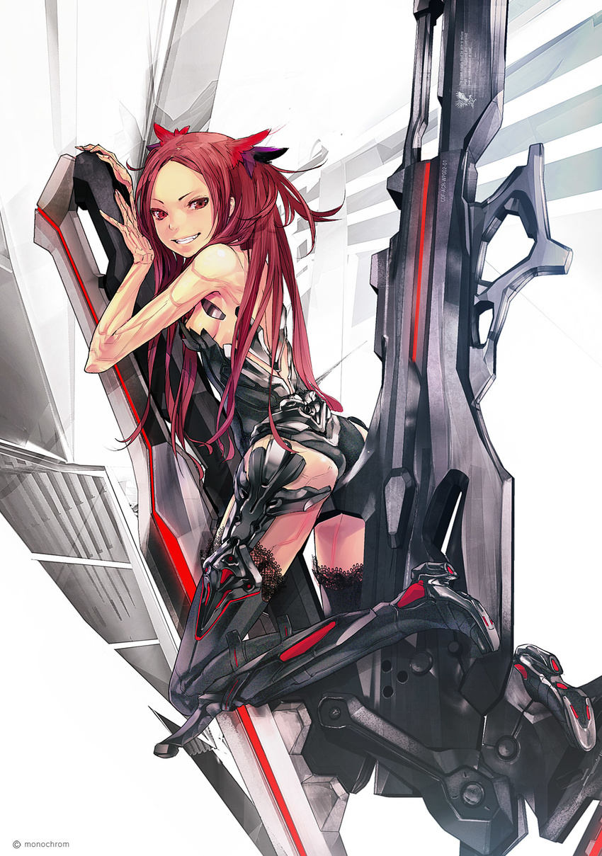 android armor ass bare_shoulders beatless black_legwear boots breasts from_behind grin highres kouka_(beatless) long_hair looking_back medium_breasts red_eyes red_hair redjuice revision science_fiction sideboob simple_background smile solo straddling thigh_boots thighhighs
