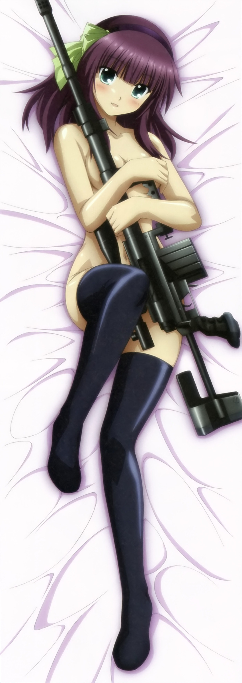 absurdres angel_beats! artist_request black_legwear bolt_action bow breasts cheytac_m200 cleavage covering covering_breasts dakimakura full_body green_eyes gun hair_bow hairband highres lying medium_breasts non-web_source nude on_back purple_hair rifle sniper_rifle solo thighhighs weapon yuri_(angel_beats!)