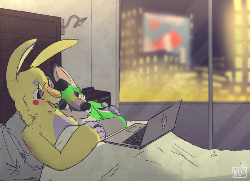 2019 anthro anthro_on_anthro bed canid canine city comet_(cometdafox) computer cuddling detailed_background digital_media_(artwork) duo eyewear fox fur glasses hair hi_res inside lagomorph laptop lying male male/male mammal moag_(pawsy) night on_bed pawsy pillow rabbit smile under_covers