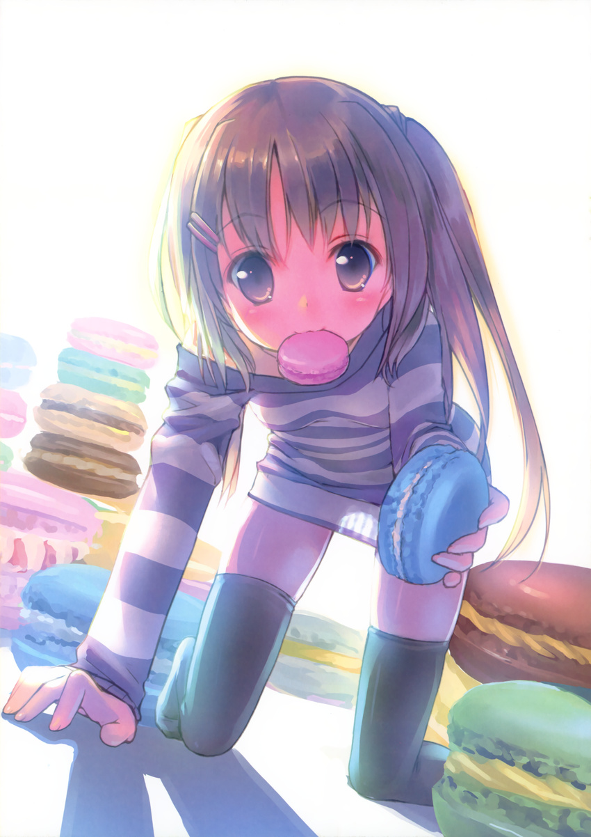 :3 absurdres all_fours black_legwear blush bottomless brown_eyes brown_hair food highres macaron mouth_hold no_pants no_shoes off_shoulder original pastry see-through see-through_silhouette shirt side_ponytail solo striped striped_shirt takoyaki_(roast) thighhighs zettai_ryouiki