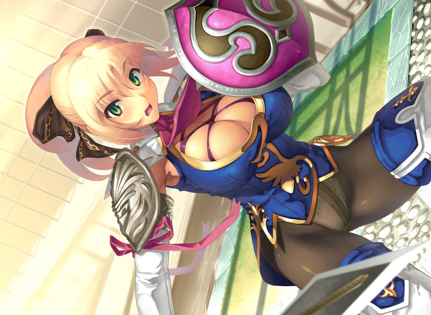 blonde_hair breasts cassandra_alexandra cleavage elbow_gloves gloves green_eyes large_breasts long_hair necktie pantyhose pink_neckwear ponytail shield solo soulcalibur soulcalibur_iv sword weapon yn_red