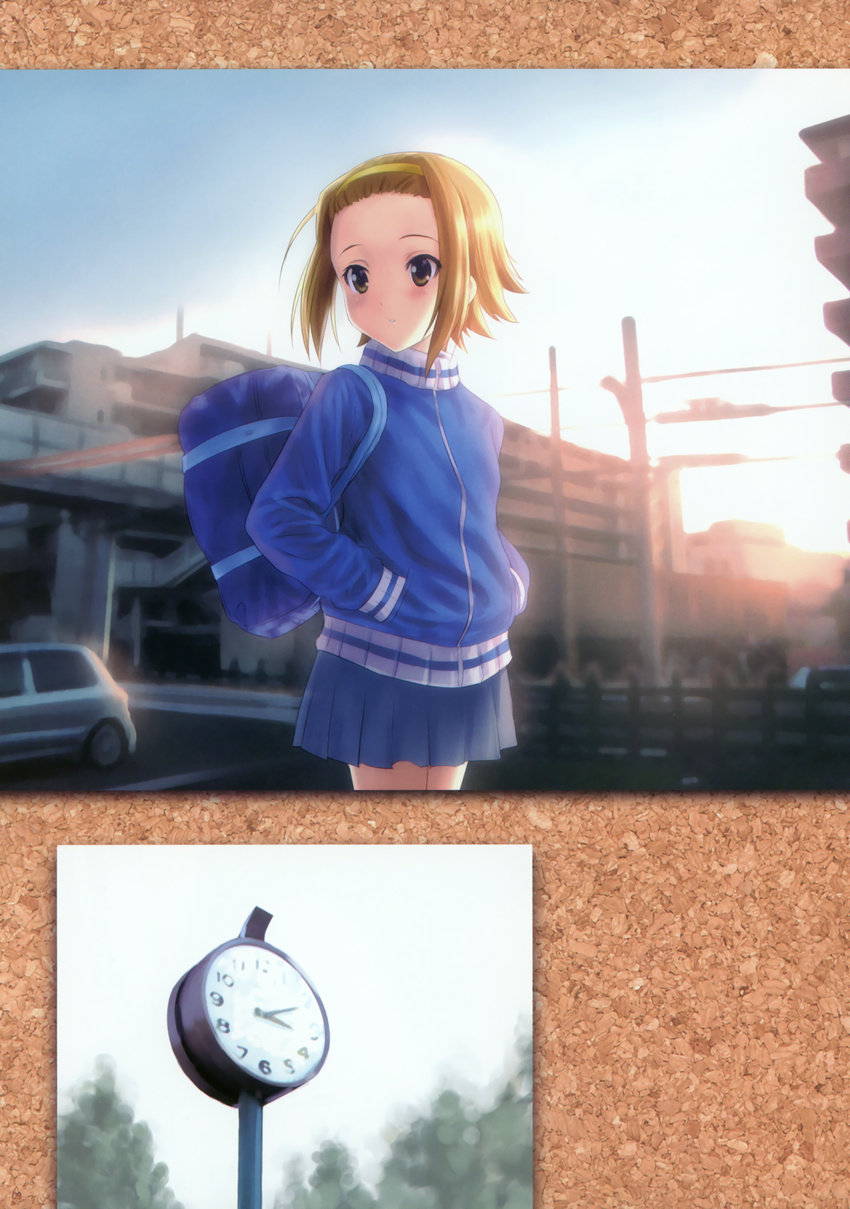 absurdres analog_clock bag brown_hair clock day goto_p hairband hand_in_pocket hands_in_pockets highres huge_filesize jacket k-on! long_sleeves outdoors scan school_bag short_hair skirt solo tainaka_ritsu track_jacket