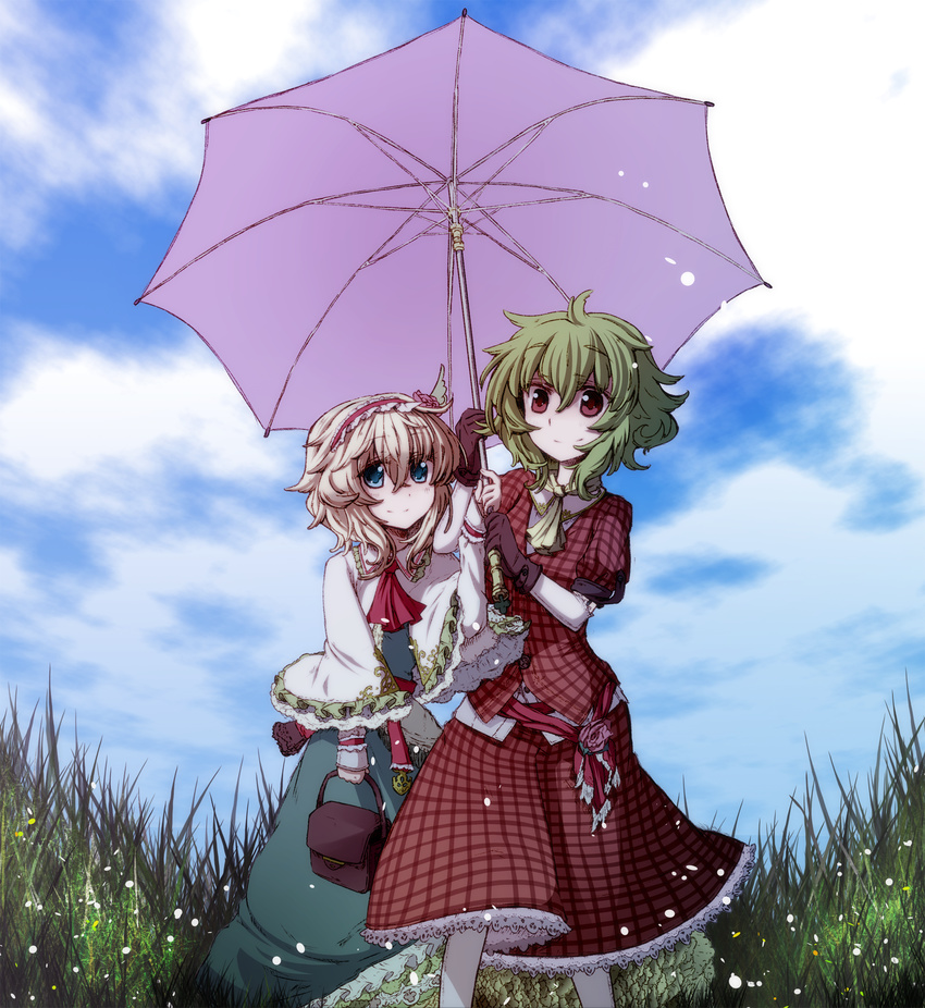 alice_margatroid ascot bad_id bad_pixiv_id basket blonde_hair blue_eyes capelet cloud colorized day fisheye flower gloves grass green_hair hair_flower hair_ornament hairband highres kazami_yuuka long_skirt multiple_girls plaid plaid_skirt plaid_vest red_eyes rl s-syogo shared_umbrella short_hair skirt skirt_set sky smile touhou umbrella untucked vest