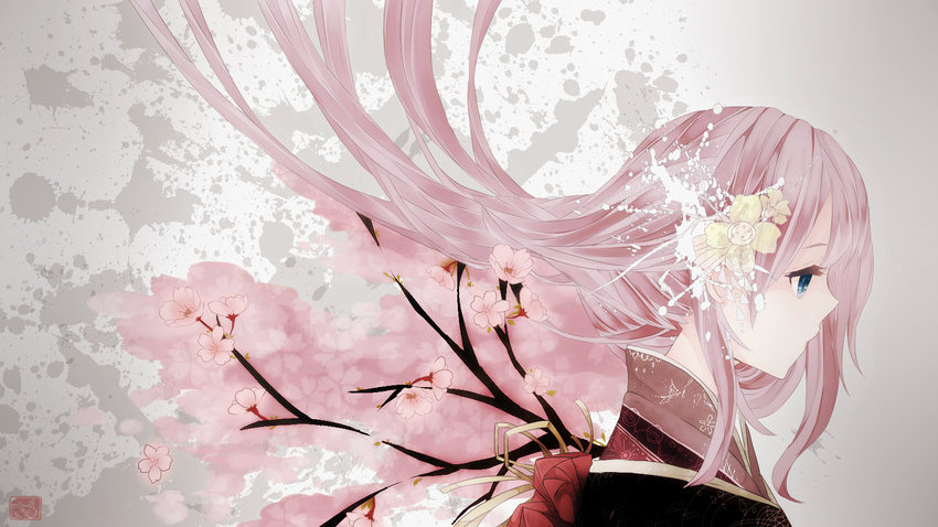 bad_id bad_pixiv_id blue_eyes branch cherry_blossoms flower hair_ornament hairpin highres itamidome japanese_clothes kimono long_hair megurine_luka pink_hair profile ribbon solo vocaloid wallpaper