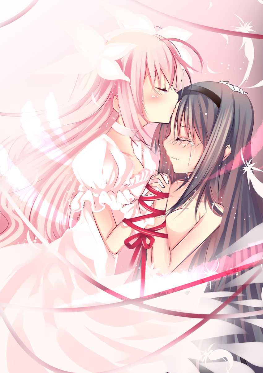 absurdres akemi_homura alternate_costume black_hair blush closed_eyes dress feathers forehead_kiss hairband hand_on_head highres holding_hands kaname_madoka kiss long_hair mahou_shoujo_madoka_magica multiple_girls nude pink_hair spoilers tears ultimate_madoka usagihime white_dress yuri