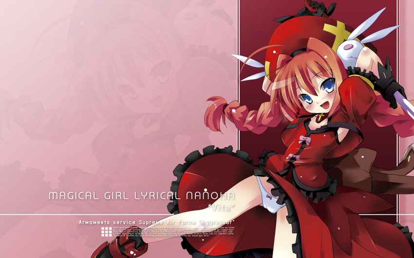 blue_eyes braid dress gloves gothic graf_eisen highres lyrical_nanoha mahou_shoujo_lyrical_nanoha mahou_shoujo_lyrical_nanoha_a's mahou_shoujo_lyrical_nanoha_strikers nio_(einhorn) panties red_hair solo twin_braids underwear vita wallpaper zoom_layer