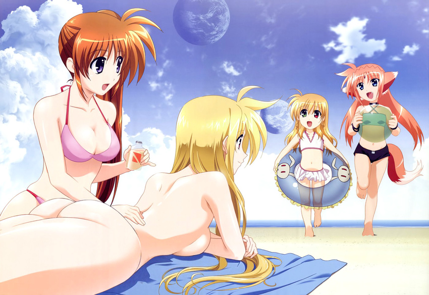 4girls animal_ears arf ass beach bikini blonde_hair breasts brown_hair cleavage cream earth fate_testarossa lyrical_nanoha mahou_shoujo_lyrical_nanoha mahou_shoujo_lyrical_nanoha_strikers multiple_girls naked nude ocean official_art okuda_yasuhiro photoshop red_hair sea side-tie_bikini sideboob swimsuit tail takamachi_nanoha vivio yuri