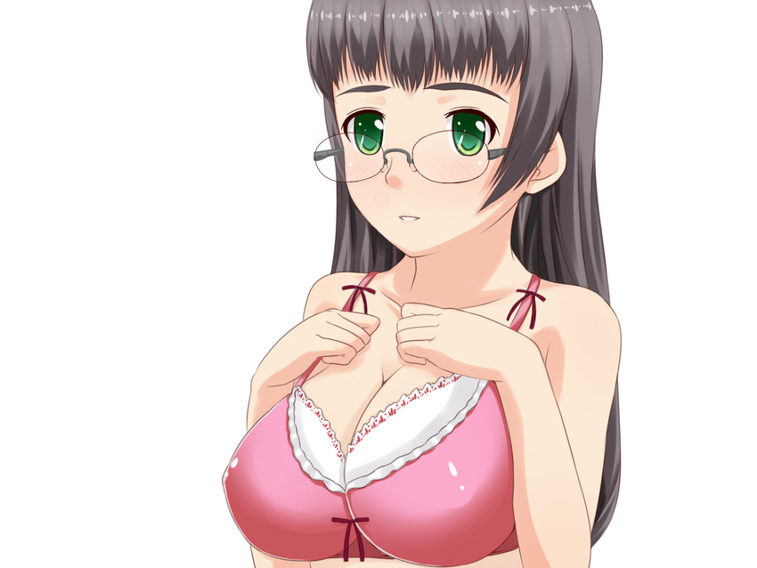 blush bra breasts creamy glasses highres large_breasts underwear