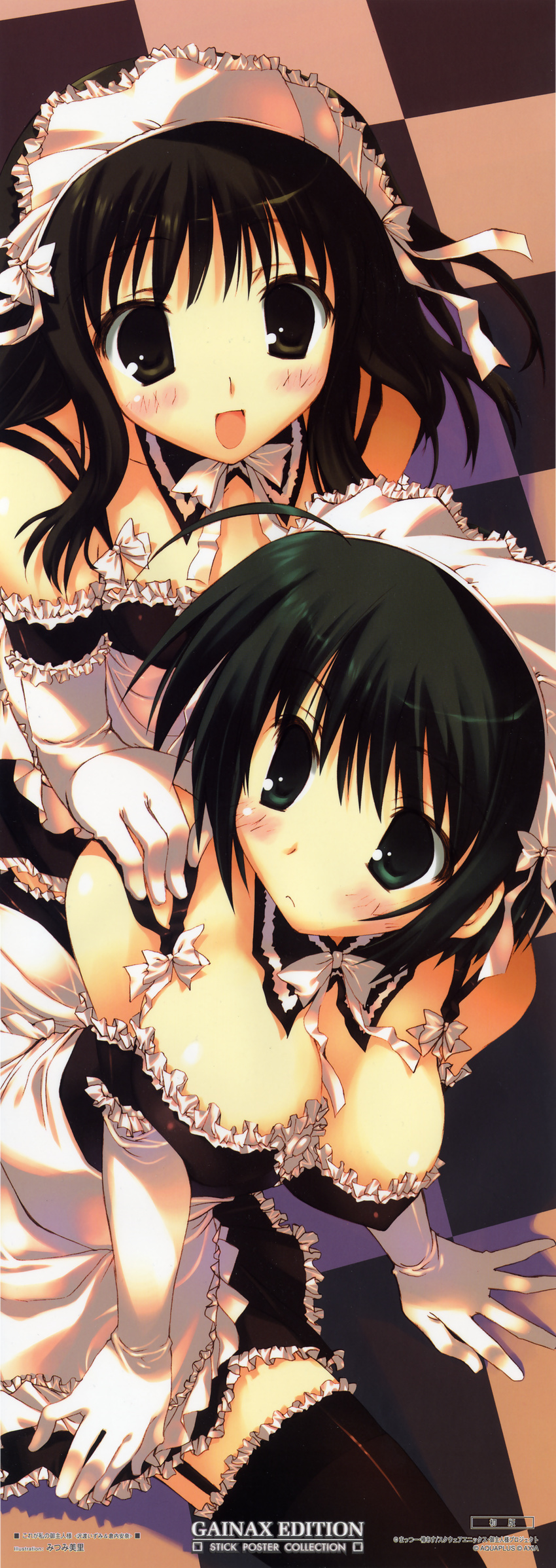 cleavage gloves he_is_my_master kurauchi_anna maid misato_mitsumi sawatari_izumi stick_poster thighhighs