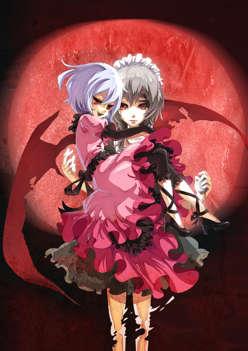 absurdres black_gloves dissolving dress elbow_gloves embellished_costume fang frills full_moon gloves high_heels highres igneous25 izayoi_sakuya lavender_hair maid maid_headdress moon multiple_girls no_hat no_headwear pocket_watch red_eyes red_moon red_wings remilia_scarlet shoes touhou watch white_hair wings
