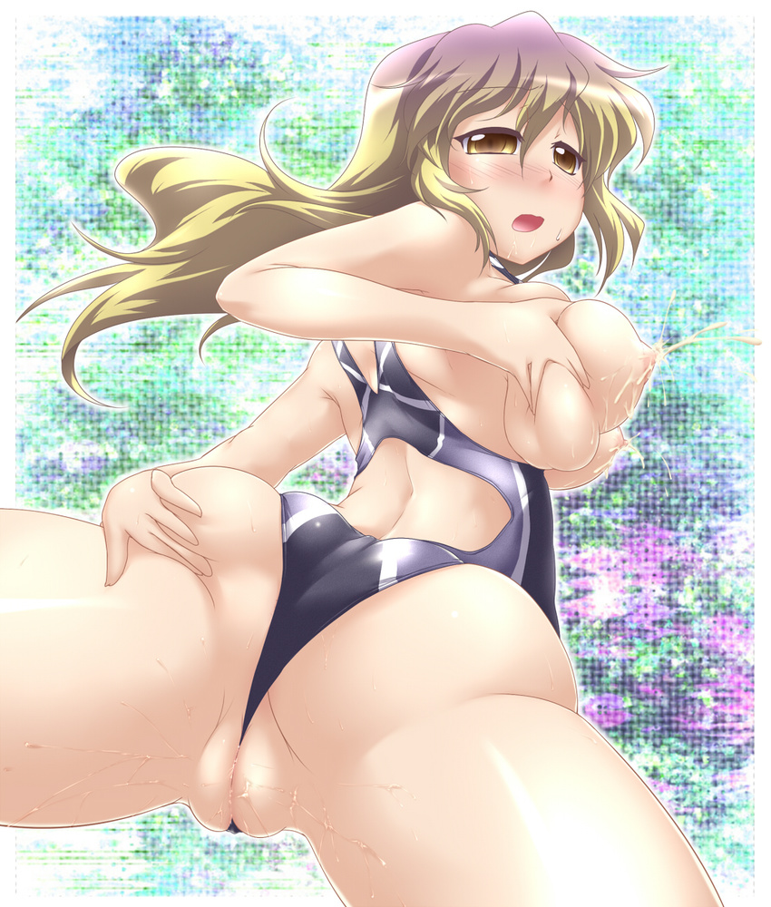 ass blush breasts competition_swimsuit gradient_hair highres hijiri_byakuren lactation large_breasts long_hair md5_mismatch multicolored_hair one-piece_swimsuit purple_hair pussy pussy_juice solo swimsuit touhou two-tone_hair yellow_eyes yoshi_tama