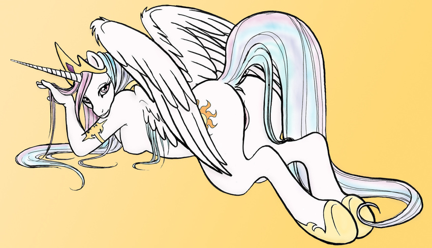 alicorn anthrofied autumn_sunrise breasts butt crown equine female friendship_is_magic hooves horn looking_back mammal my_little_pony nipples on_stomach pegacorn pin_up pinup pose princess princess_celestia_(mlp) pussy royalty side_boob solo winged_unicorn wings