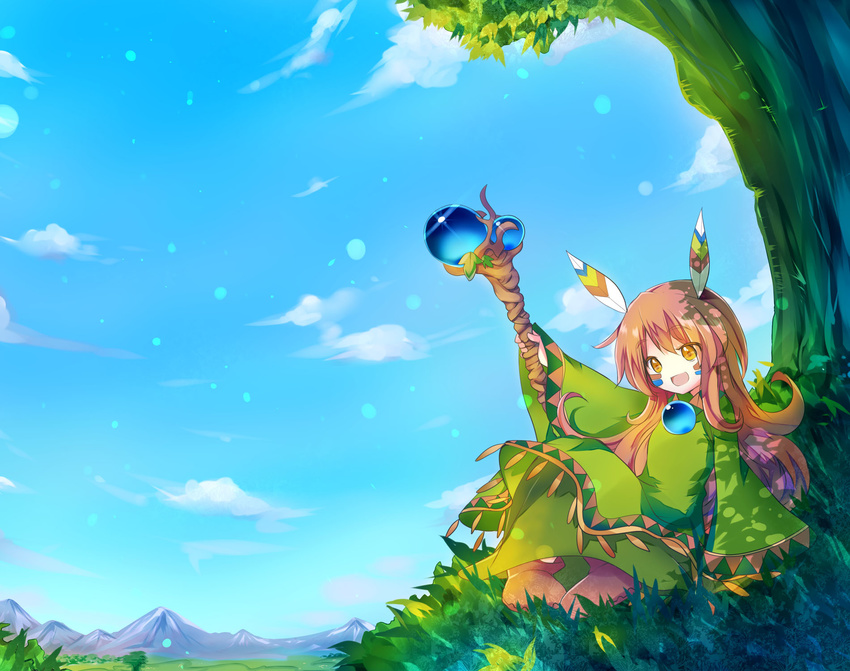 :d androgynous bad_id bad_pixiv_id colored_eyelashes day facepaint feathers highres jpeg_artifacts mishima_kurone mountain no_nose open_mouth orange_eyes orange_hair outdoors pigeon-toed popoi seiken_densetsu seiken_densetsu_2 shade sitting sky smile solo staff tree under_tree yellow_eyes