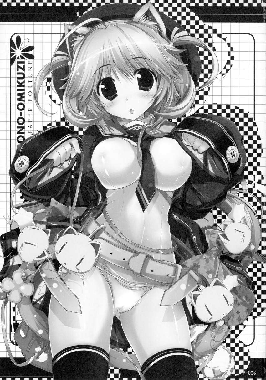 black_paper_fortune cameltoe monochrome oshiki_hitoshi paper_texture thighhighs