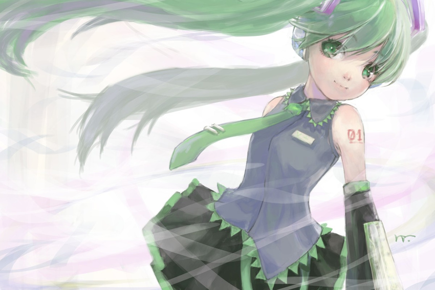 floating_hair green_eyes green_hair hatsune_miku light_smile long_hair masuchi solo twintails vocaloid wind