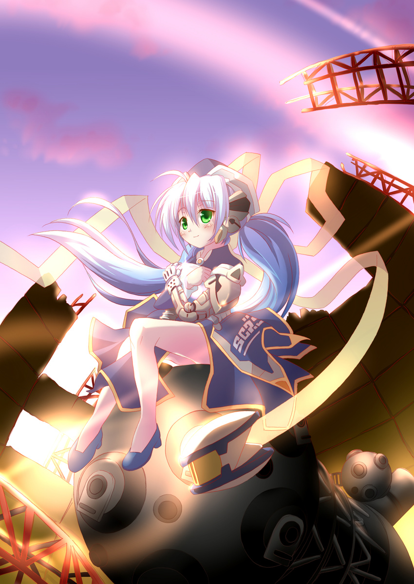 absurdres blue_hair green_eyes hair_ribbon hat highres hoshino_yumemi light_bulb long_hair planetarian planetarium reita ribbon robot ruins sitting sky solo very_long_hair