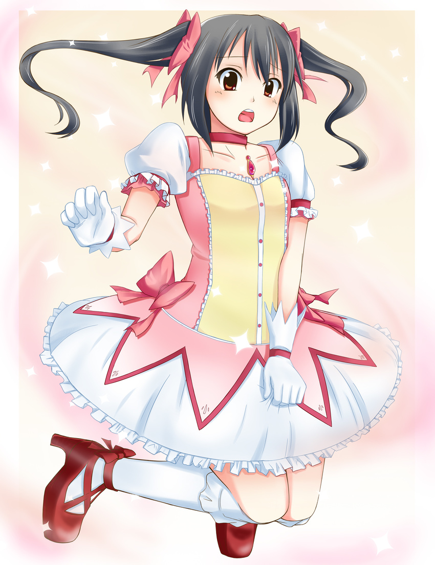 black_hair brown_eyes christine_marie_cabanos cosplay furaton gloves highres k-on! kaname_madoka kaname_madoka_(cosplay) long_hair mahou_shoujo_madoka_magica nakano_azusa seiyuu_connection solo twintails