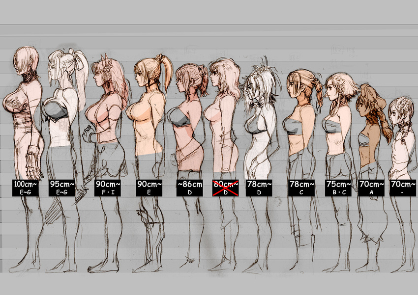 amy_sorel annotated bra breasts bust_chart cassandra_alexandra chai_xianghua cleavage commentary flat_chest highres hildegard_von_krone huge_breasts isabella_valentine kawano_takuji large_breasts lineup lingerie multiple_girls official_art partially_colored ponytail profile seong_mi-na setsuka sideboob sketch sophitia_alexandra soulcalibur soulcalibur_iv taki_(soulcalibur) talim tira_(soulcalibur) underwear underwear_only