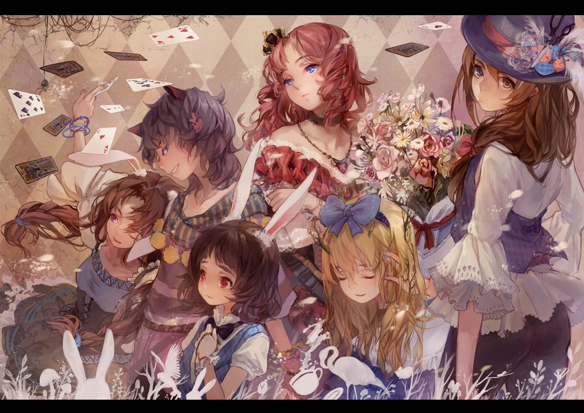 alice_(wonderland) alice_in_wonderland animal_ears argyle argyle_background bare_shoulders bird blonde_hair blue_eyes bouquet bow bracelet brown_eyes brown_hair bug bunny bunny_ears card cheshire_cat choker closed_eyes crown cup falling_card flamingo floating_card flower gloves grin hair_bow hairband hand_in_hair hand_on_own_chest hat heterochromia highres holding holding_card jewelry letterboxed liyin_(neptune) long_hair mad_hatter march_hare mini_crown mouth_hold multiple_girls mushroom nail_polish necklace original personification playing_card pocket_watch profile red_eyes red_hair red_queen ringlets saucer silhouette smile smirk spider teacup watch white_rabbit