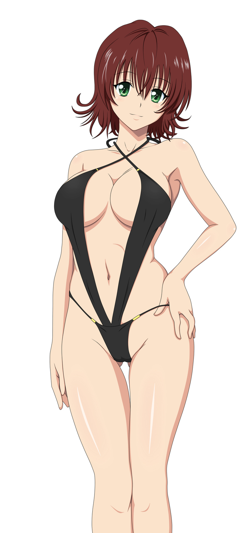 absurdres bangs bikini breasts brown_hair cameltoe cleavage contrapposto extraction gluteal_fold green_eyes hand_on_hip highres large_breasts light_smile looking_at_viewer mikado_ryouko mizugi photoshop school_nurse short_hair simple_background sling_bikini solo swimsuit to_love-ru toloveru transparent_background vector