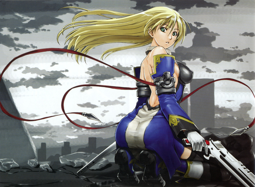 absurdres alternate_hairstyle ass back backless_outfit bangs bare_back bare_shoulders black_legwear blazblue blonde_hair bolverk boots breasts building cloud covered_nipples detached_sleeves dress dual_wielding floating_hair full_body gloves green_eyes gun hair_down handgun highres holding holding_weapon jewelry kimura_shigetaka knee_boots kneeling long_hair looking_at_viewer looking_back medium_breasts neck_ring noel_vermillion outdoors parted_lips ribbon ruins scan scenery short_dress sideboob sky skyscraper solo taut_clothes taut_dress thighhighs trefoil weapon white_gloves wind zettai_ryouiki