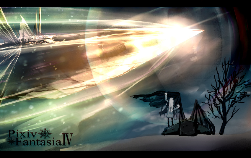 airship back coat high_res long_hair monster night pixiv pixiv_fantasia pixiv_fantasia_4 ship sky snow tree white_hair wings