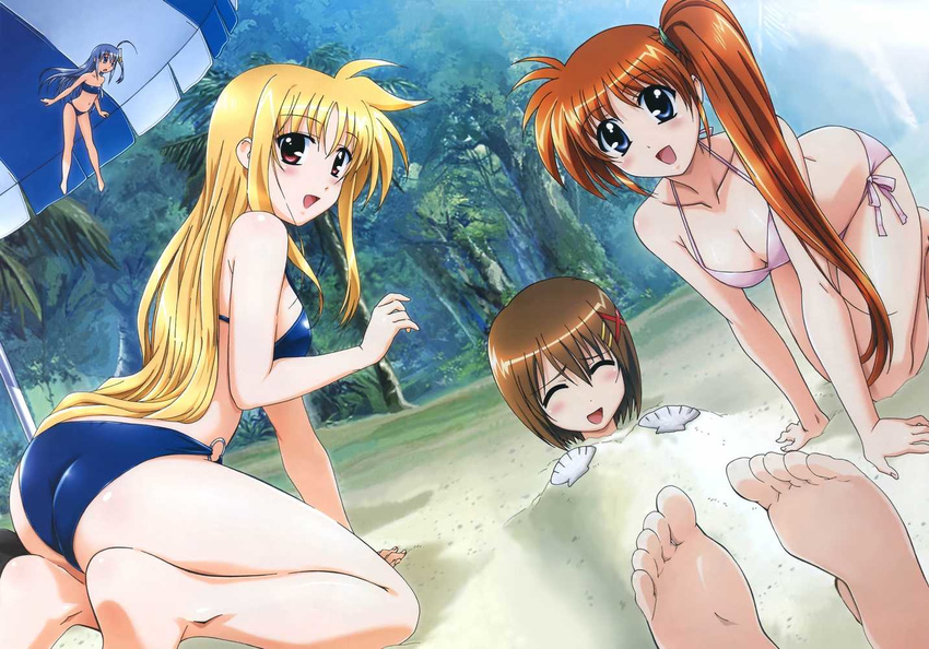 ahoge ass barefoot bent_over bikini blonde_hair blue_eyes blue_hair blush breasts brown_hair buried cleavage closed_eyes day fate_testarossa feet happy large_breasts long_hair looking_back lyrical_nanoha mahou_shoujo_lyrical_nanoha_strikers minigirl multiple_girls okuda_yasuhiro outdoors ponytail purple_eyes red_eyes reinforce_zwei sand seashell shell shell_bikini short_hair side-tie_bikini side_ponytail swimsuit takamachi_nanoha yagami_hayate