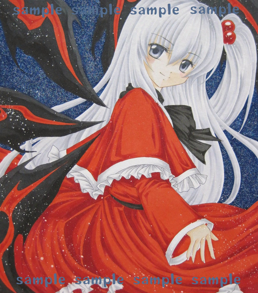 capelet dress hair_bobbles hair_ornament highres long_hair looking_back marker_(medium) red_capelet sample shinki side_ponytail silver_eyes silver_hair solo touhou traditional_media very_long_hair w0ru wings