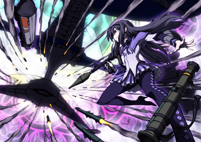 akemi_homura at4 battle black_eyes black_hair epic ground_vehicle gun hairband high_heels long_hair magical_girl mahou_shoujo_madoka_magica missile motor_vehicle pantyhose rifle rocket rocket_launcher rpg rpg-7 shield shoes solo tank_truck truck type_88_surface_to_ship_missile walpurgisnacht_(madoka_magica) weapon yanushi