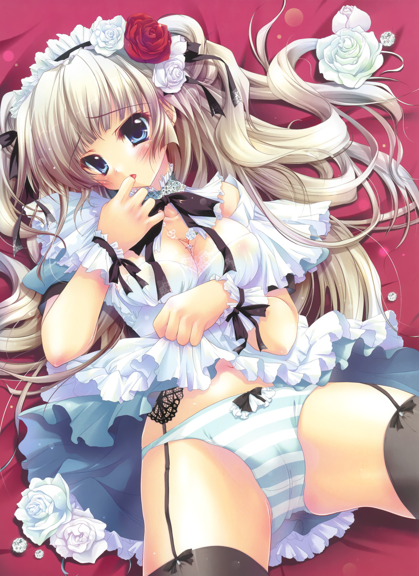 absurdres black_legwear blonde_hair blue_eyes blush bow bow_panties breasts cameltoe cleavage copyright_request detached_collar detexted diamond flower frills garter_straps green_panties hair_flower hair_ornament highres izumi_tsubasu jewelry medium_breasts navel necklace panties ribbon rose see-through skirt skirt_lift solo striped striped_legwear thighhighs third-party_edit underwear white_flower white_rose