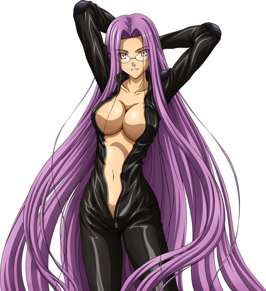 arms_behind_head arms_up bodysuit cleavage fate/stay_night ishihara_megumi megane open_clothes oppai purple_hair rider solo transparent_background unzipped vector_trace very_long_hair