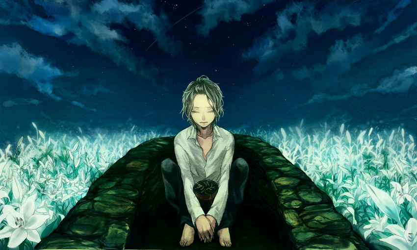 bad_id bad_pixiv_id barefoot brown_hair cloud dress_shirt flower lily_(flower) male_focus night night_sky original plant potted_plant routemoc shirt sky solo star_(sky) tears