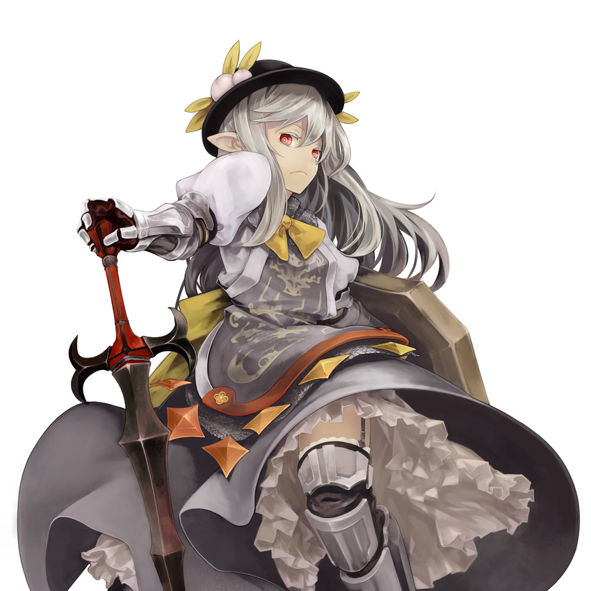 alternate_costume alternate_hair_color bow buronko buront buront_(cosplay) cosplay elf final_fantasy final_fantasy_xi food frills fruit garter_straps grey_hair hat highres hinanawi_tenshi long_hair paladin_(final_fantasy) peach pointy_ears red_eyes shield simple_background skirt solo sword touhou weapon yunar