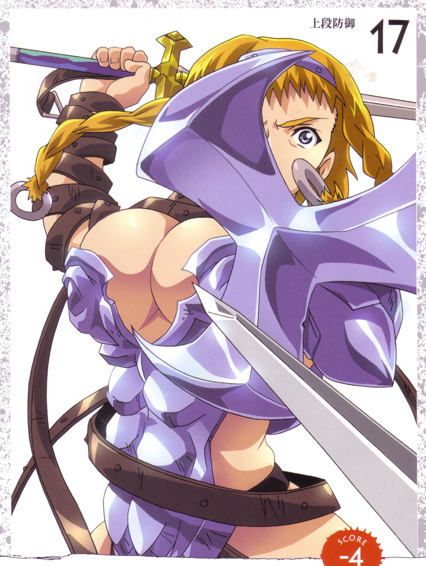 absurdres armor blonde_hair blue_eyes braid buckle hairband highres hisayuki_hirokazu leina queen's_blade revealing_clothes shield solo sword weapon