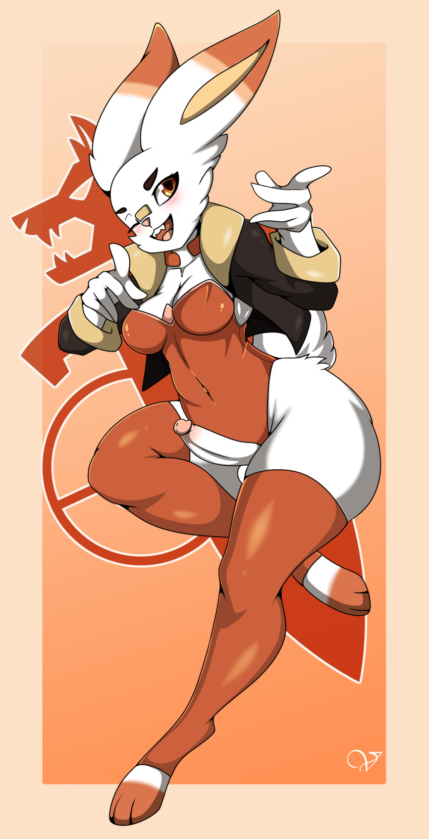 2019 anthro anthrofied band-aid bandage blush breasts bunny_costume clothed clothing costume cropped_jacket dickgirl digital_media_(artwork) erection fangs fighting_stance fur hi_res intersex lagomorph legwear mammal nintendo open_mouth penis pok&eacute;mon pok&eacute;mon_(species) pok&eacute;morph scorbunny simple_background solo stockings teeth thigh_highs video_games white_fur zzvinniezz