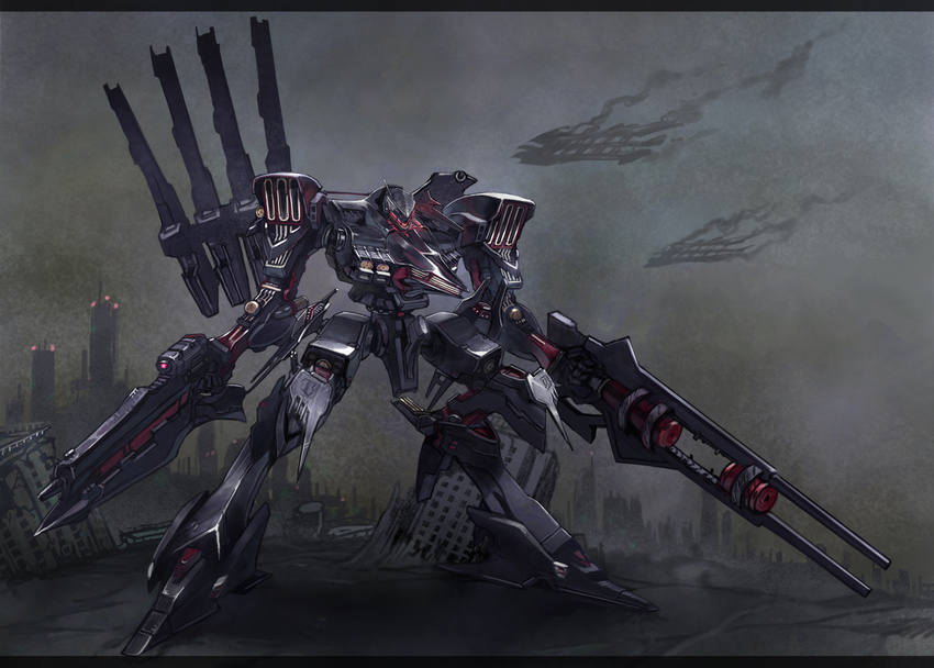 armored_core armored_core:_for_answer city cityscape cradle_(armored_core) damaged energy_gun glowing glowing_eyes gun laser_rifle mecha no_humans red_eyes rifle rocket_launcher ruins smoke touge_(kubiwa_tsuki) unsung weapon