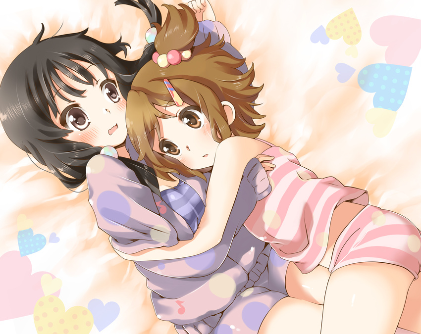 akiyama_mio alternate_hairstyle black_eyes black_hair brown_eyes brown_hair camisole casual hair_bobbles hair_ornament hairclip highres hug jacket k-on! loungewear mitsuki_meiya multiple_girls musical_note short_hair shorts side_ponytail striped tainaka_ritsu wavy_mouth