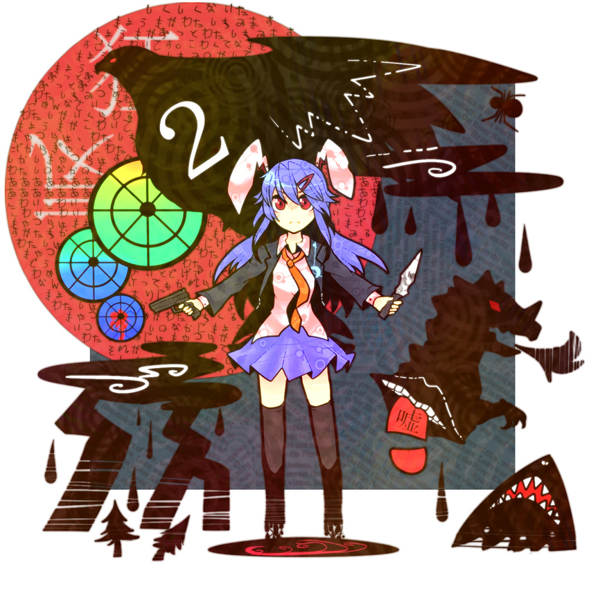 animal_ears bad_id bad_pixiv_id bird black_legwear blue_hair bug bunny_ears business_suit dragon dress dual_wielding eagle formal gun hair_ornament hairpin highres holding itomugi-kun knife long_hair necktie red_eyes reisen_udongein_inaba shark solo spider standing suit thighhighs touhou wall_of_text weapon