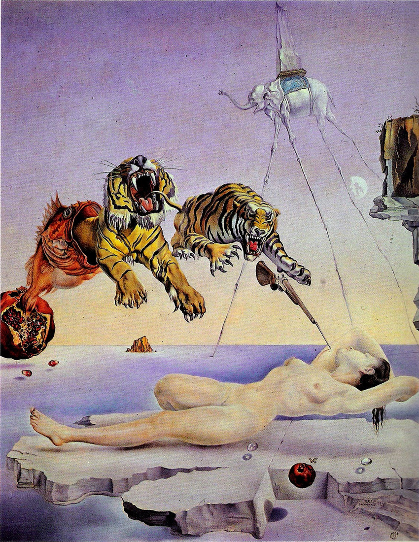 breasts cliff dream_caused_by_the_flight_of_a_bee_around_a_pomegranate_a_second_before_awakening elephant fine_art_parody fish food fruit gun highres medium_breasts nipples nude original parody pomegranate reference_work rifle salvador_dali sleeping surreal tiger water weapon what