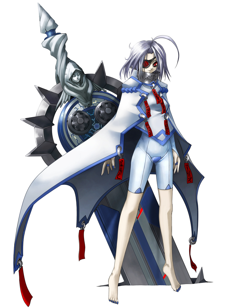 1girl absurdres ahoge arc_system_works barefoot blazblue eyepatch feet highres katou_yuuki mori_toshimichi nu-13 official_art red_eyes short_hair silver_hair solo standing v-13