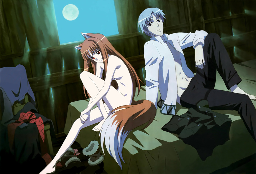1boy 1girl absurdres animal_ears barefoot bed brown_hair craft_lawrence detexted highres holo horo kemonomimi long_hair moon nude sasaki_masashi short_hair silver_hair spice_and_wolf tail wolf_ears wolf_tail