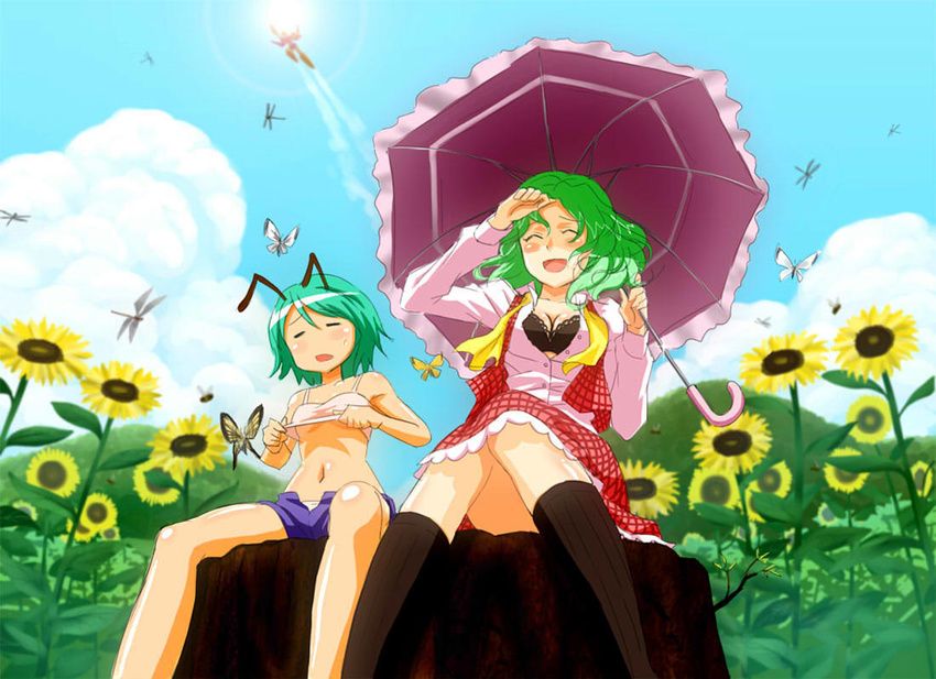 ^_^ antennae ascot bare_legs black_bra bra breasts bug butterfly camisole cleavage closed_eyes dragonfly dress_shirt flower green_hair hisou_tensoku hop-step-jump hot insect kazami_yuuka lingerie medium_breasts multiple_girls navel open_clothes open_shirt open_shorts panties parasol plaid plaid_skirt plaid_vest shirt shirt_lift short_hair short_shorts shorts sitting skirt skirt_set small_breasts sunflower touhou tree_stump umbrella underwear undressing untied vest white_panties wriggle_nightbug