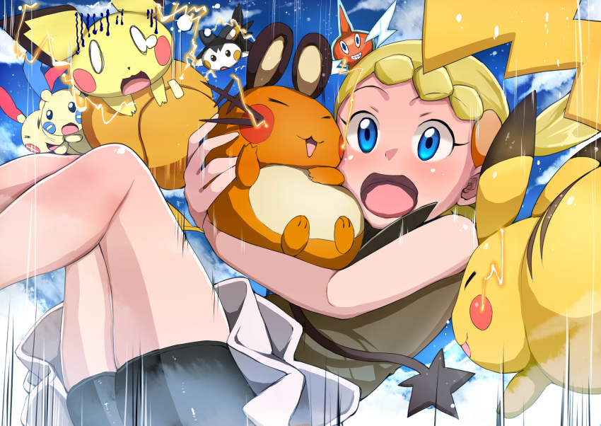 1girl absurdres blonde_hair blue_eyes blush body_blush cloud commentary_request day dedenne emolga eureka_(pokemon) falling feet_out_of_frame gen_1_pokemon gen_2_pokemon gen_3_pokemon gen_4_pokemon gen_5_pokemon gen_6_pokemon giji_eizan hair_ornament highres holding holding_pokemon legs_together minun motion_lines open_mouth outdoors pichu pikachu plusle pokemon pokemon_(anime) pokemon_(creature) pokemon_xy_(anime) rotom shiny shiny_skin sky tongue