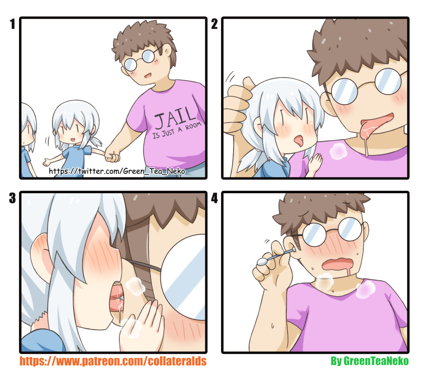 2girls :d absurdres blue_shirt blush brown_hair comic commentary_request cotton_swab ear_licking english glasses greenteaneko highres holding holding_hands licking low_twintails multiple_girls nose_blush numbered_panels opaque_glasses open_mouth original patreon_username personification pink_shirt saliva shirt short_sleeves silver_hair smile sweat torogao twintails twitter_username watermark web_address white_background |_|