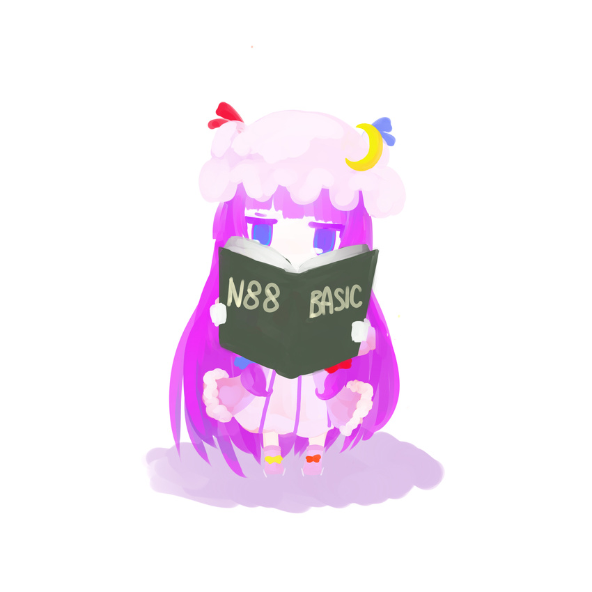 book bow chibi crescent hair_bow hat highres holding holding_book long_hair patchouli_knowledge purple_eyes purple_hair sakana_(packetsjp) sitting solo touhou