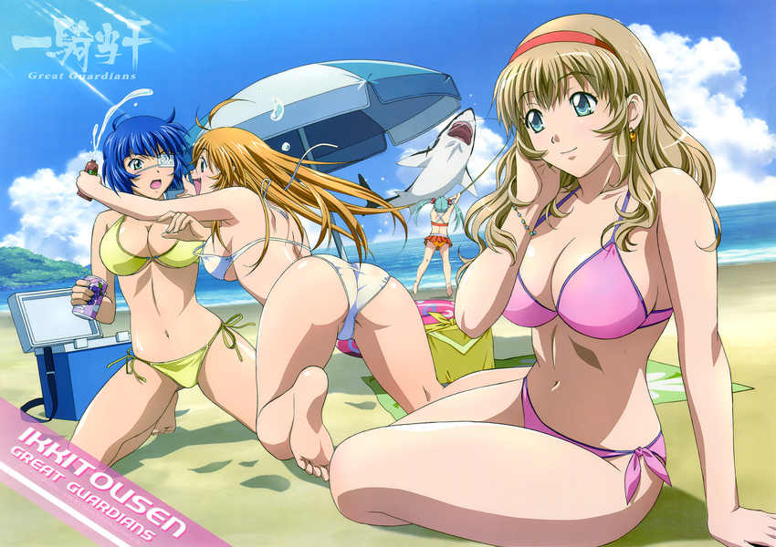 absurdres arm_support artist_request ass beach bikini blonde_hair blue_hair breasts brown_hair cleavage cloud day eyepatch feet green_hair highres ikkitousen ikkitousen_great_guardians large_breasts legs long_legs midriff multiple_girls official_art outdoors parasol ryomou_shimei shark shokatsuryou_koumei side-tie_bikini sonken_chuubou sonsaku_hakufu swimsuit thighs twintails umbrella