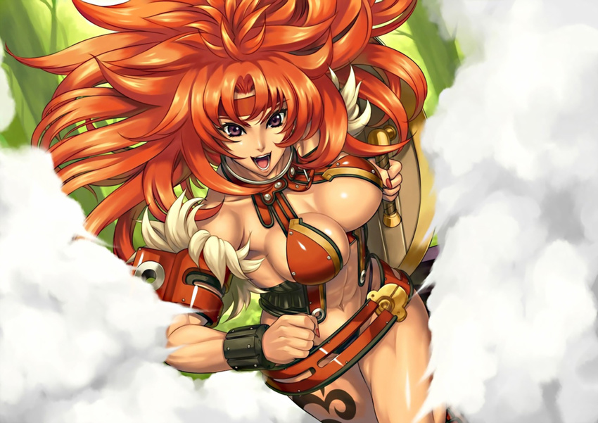 abs armor big_hair breasts cleavage eiwa fog headband highres large_breasts long_hair muscle open_mouth queen's_blade red_hair risty running shield smile solo tattoo