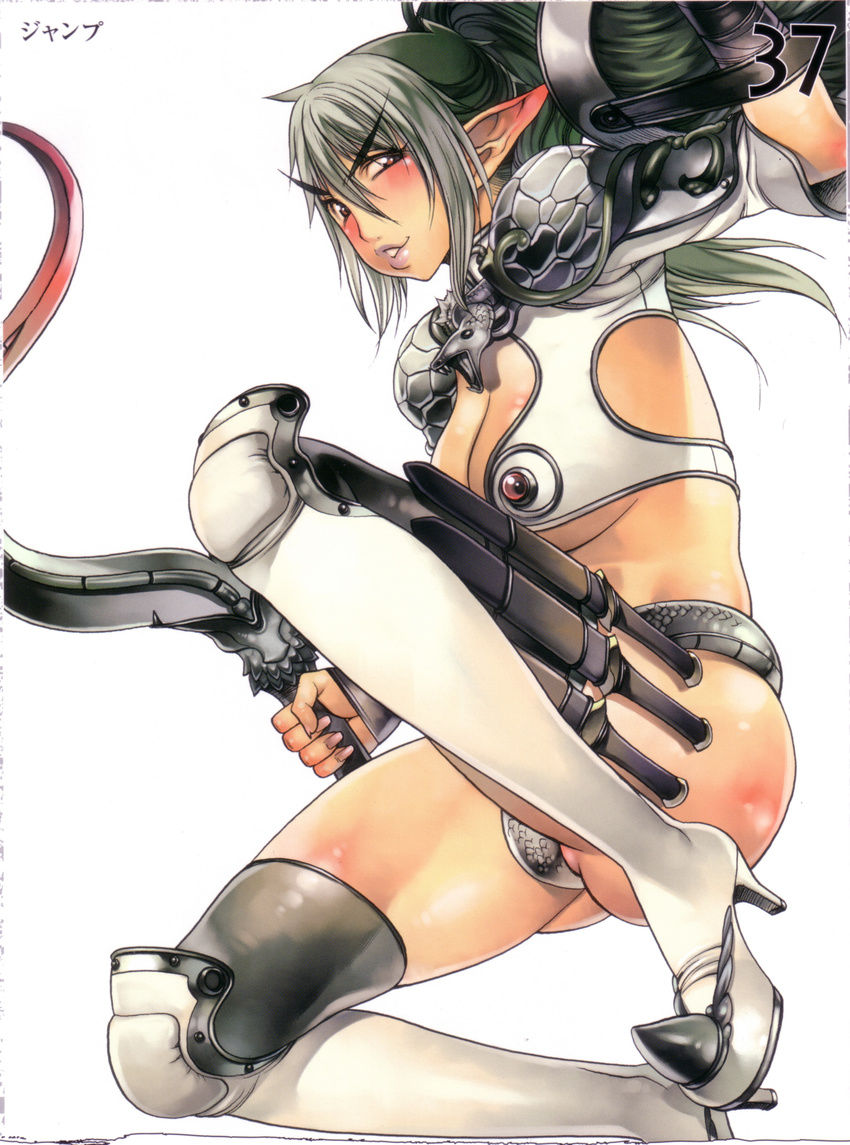 absurdres armor ass_visible_through_thighs bangs bikini_armor black_hair blush body_blush boots breasts card_(medium) center_opening crop_top dagger dark_elf echidna elf eyebrows_visible_through_hair f.s. fangs fingernails from_side full_body fur_trim gem gradient grey_hair grey_legwear hair_between_eyes hand_up high_heel_boots high_heels high_ponytail highres holding holding_shield holding_sword holding_weapon holster jumping knee_pads knife large_breasts lips lipstick living_clothes long_fingernails long_hair long_pointy_ears looking_at_viewer makeup multicolored_hair nail_polish number official_art parted_lips partially_visible_vulva pauldrons pointy_ears ponytail queen's_blade red_eyes revealing_clothes ruby_(stone) scale scan sheath sheathed shield short_sleeves sidelocks sideways_glance simple_background snake solo spiked_boots spikes sword thigh_holster thighhighs thighs translated turtleneck two-tone_hair underboob v-shaped_eyebrows weapon white_background white_footwear wrist_wrap
