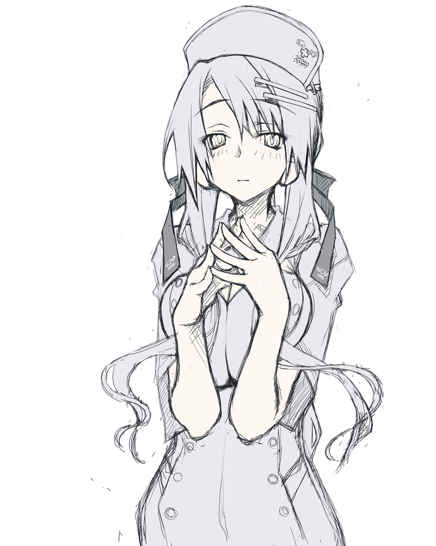 blush dress greyscale hair_ornament hairclip hands_together hat highres long_hair looking_at_viewer monochrome nurse nurse_cap original own_hands_together sakuya_tsuitachi simple_background sketch smile solo